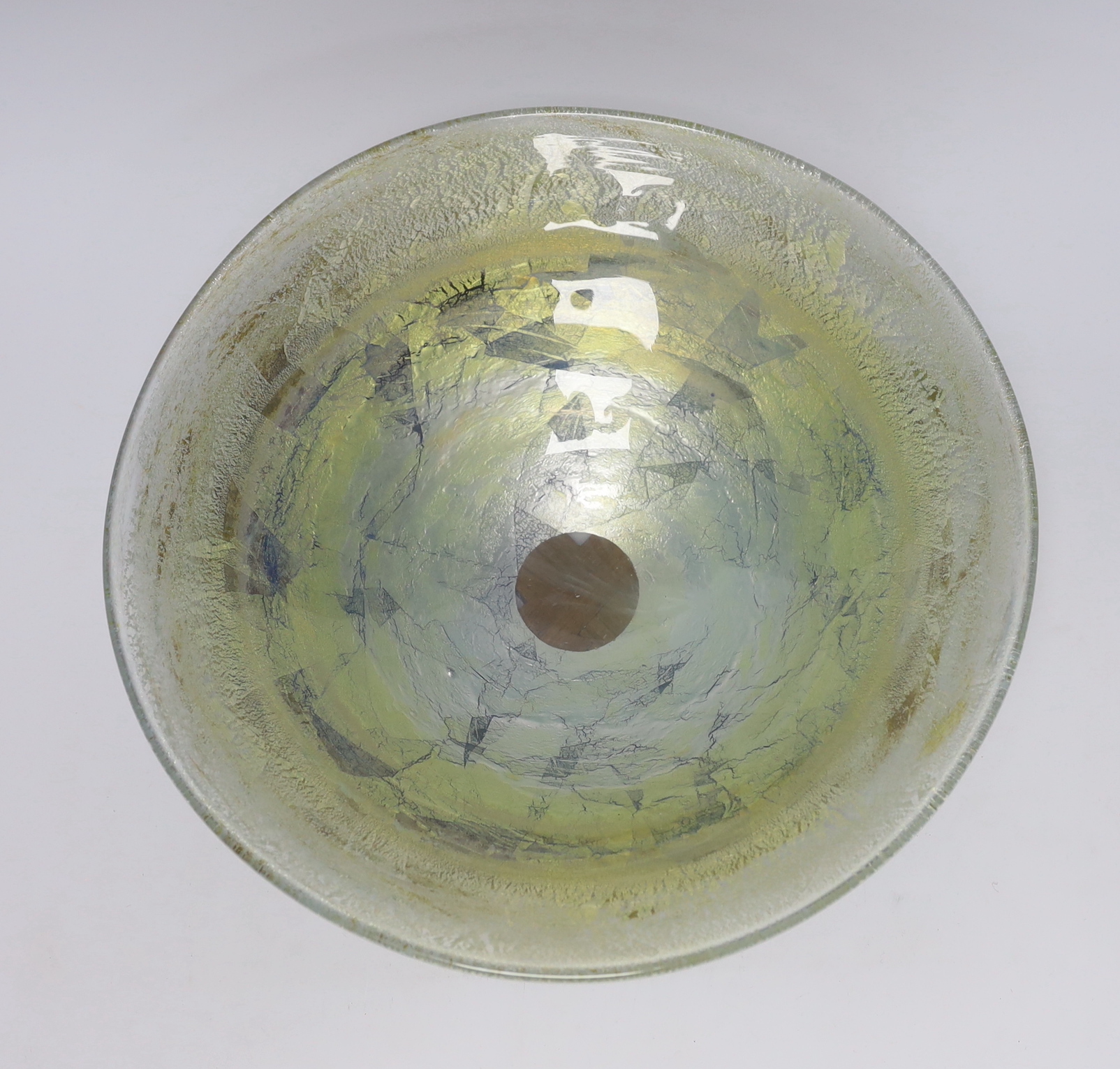 A contemporary glass bowl, signed Helen (?), ‘Light on Water’, 35cm diameter